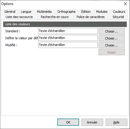 Options de Liste des raccourcis